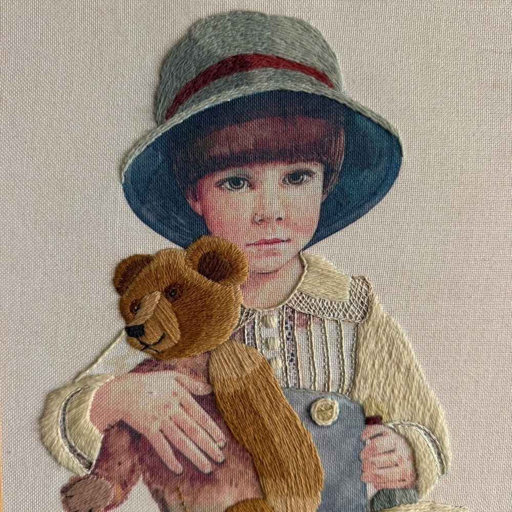 Vintage Embroidery Nursery Baby Art Wooden Framed Kid With Teddy Bear 16x20” - Picture 2 of 9